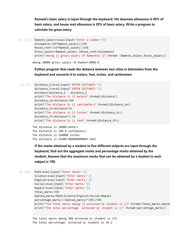 Salary, Distance, Marks Calculations in Python | PDF | Area