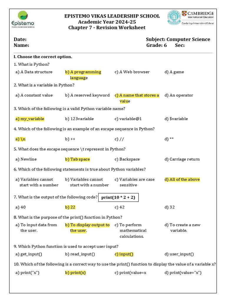 Python Basics Revision Worksheet | PDF | Python (Programming Language ...