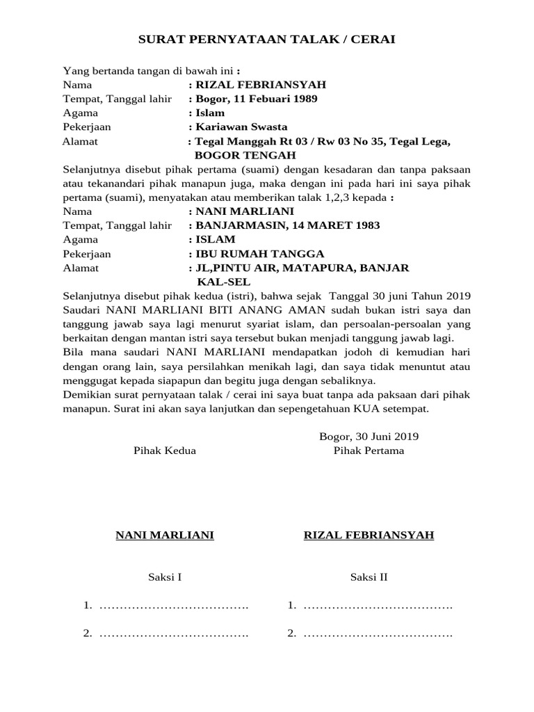 Surat Pernyataan Talak | PDF