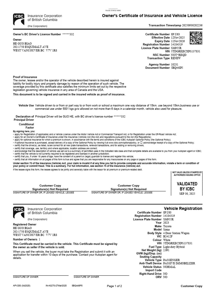 Owner's Insurance & Vehicle License Certificate | PDF | Insurance | Lease