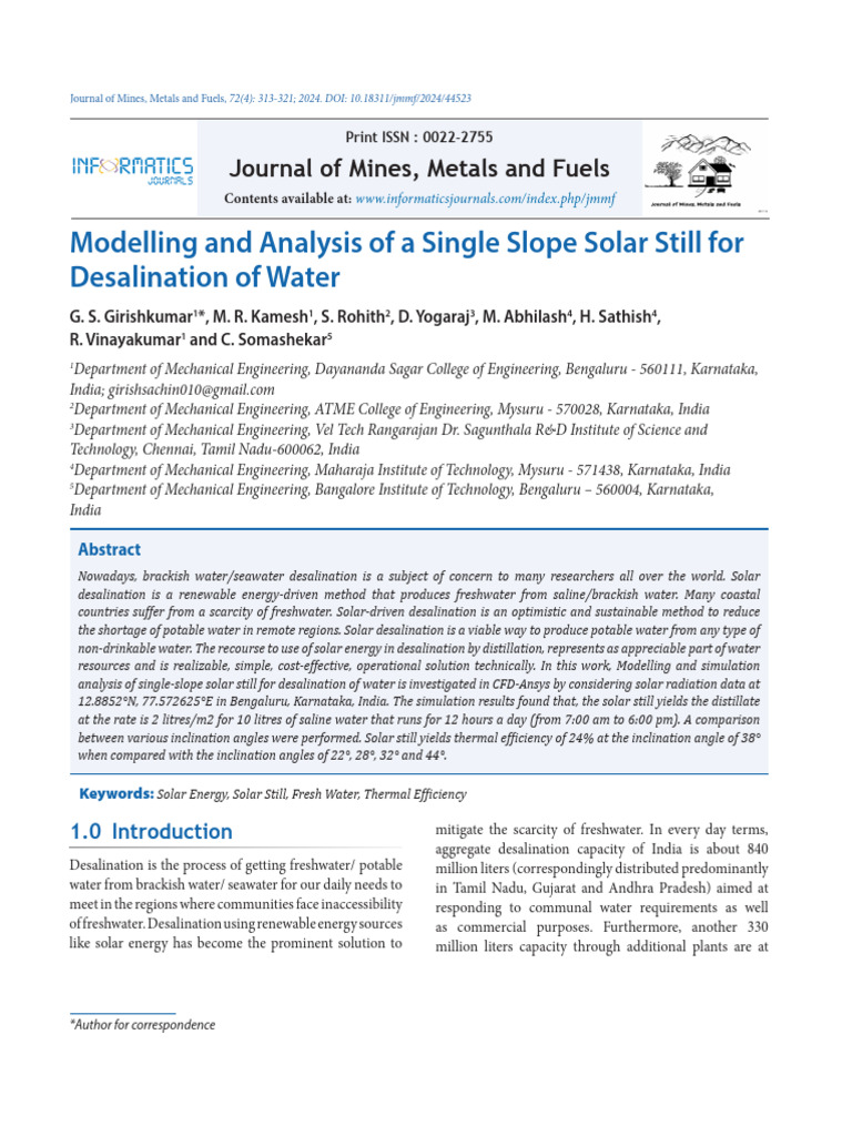 Solar Desalination Using Single Slope Still | PDF | Desalination | Water
