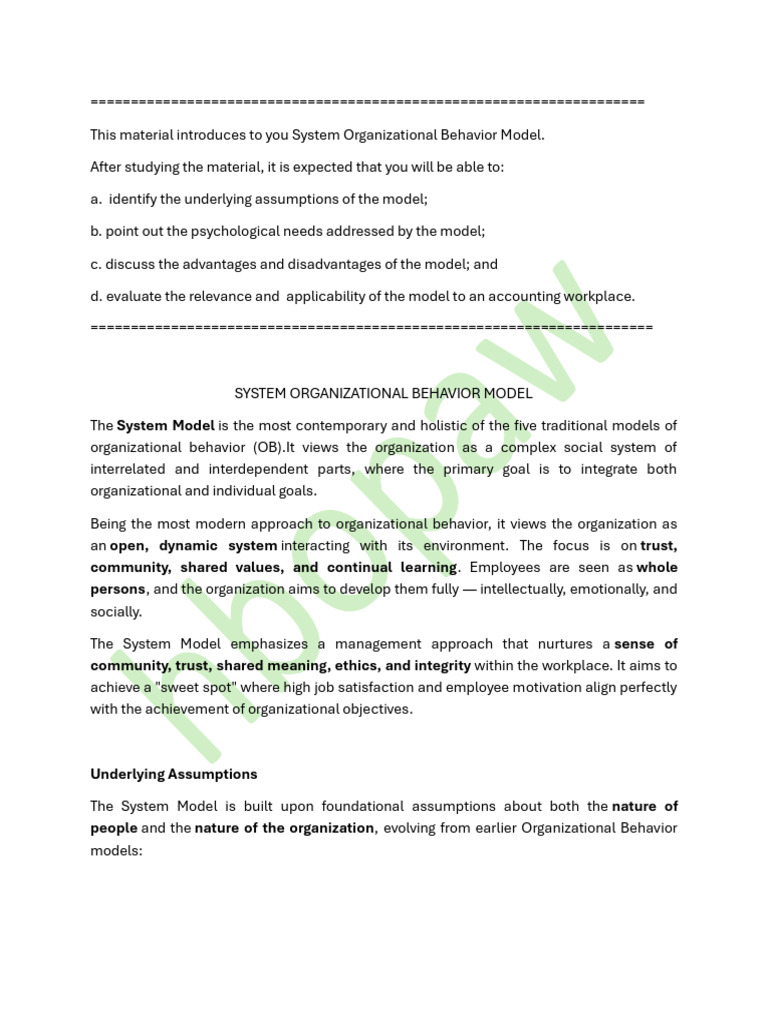 System Organizational Behavior Model Overview | PDF | Organizational ...