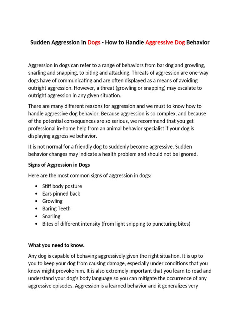 Managing Sudden Dog Aggression | PDF | Dogs | Aggression