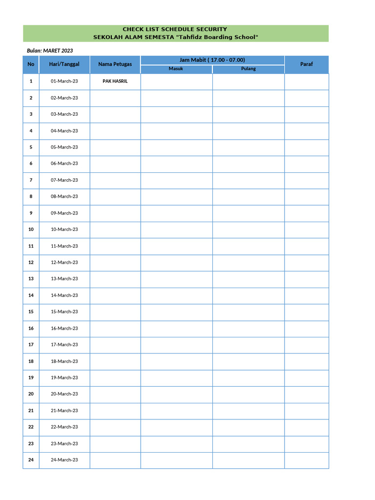 Format Absen Manual Security Maret 2023 | PDF