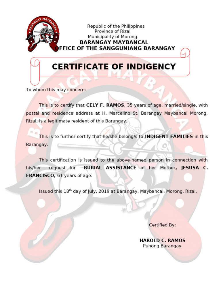 Certificate of Indigency for Burial Aid | PDF