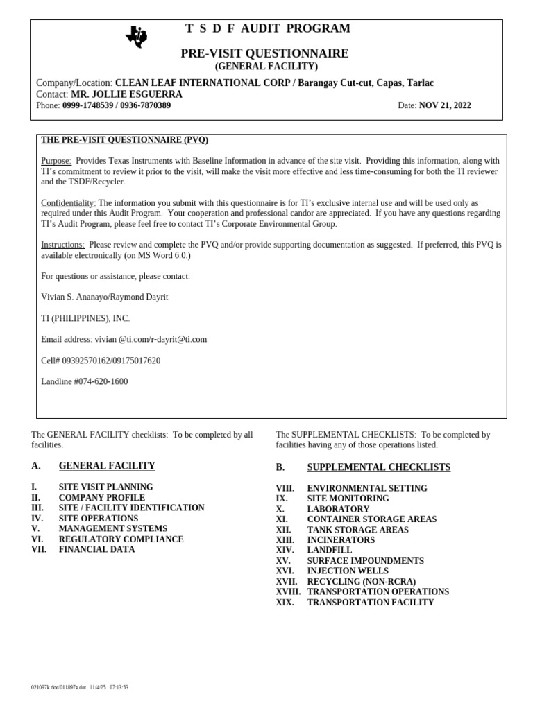 Texas Instruments TSDF PRE-VISIT QUESTIONNAIRE | PDF | Waste | Waste ...