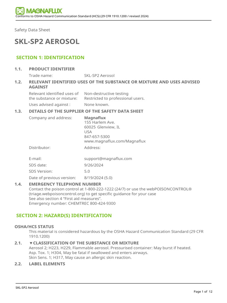 SKL-SP2 Aerosol Safety Data Sheet | PDF | Dangerous Goods | Personal ...