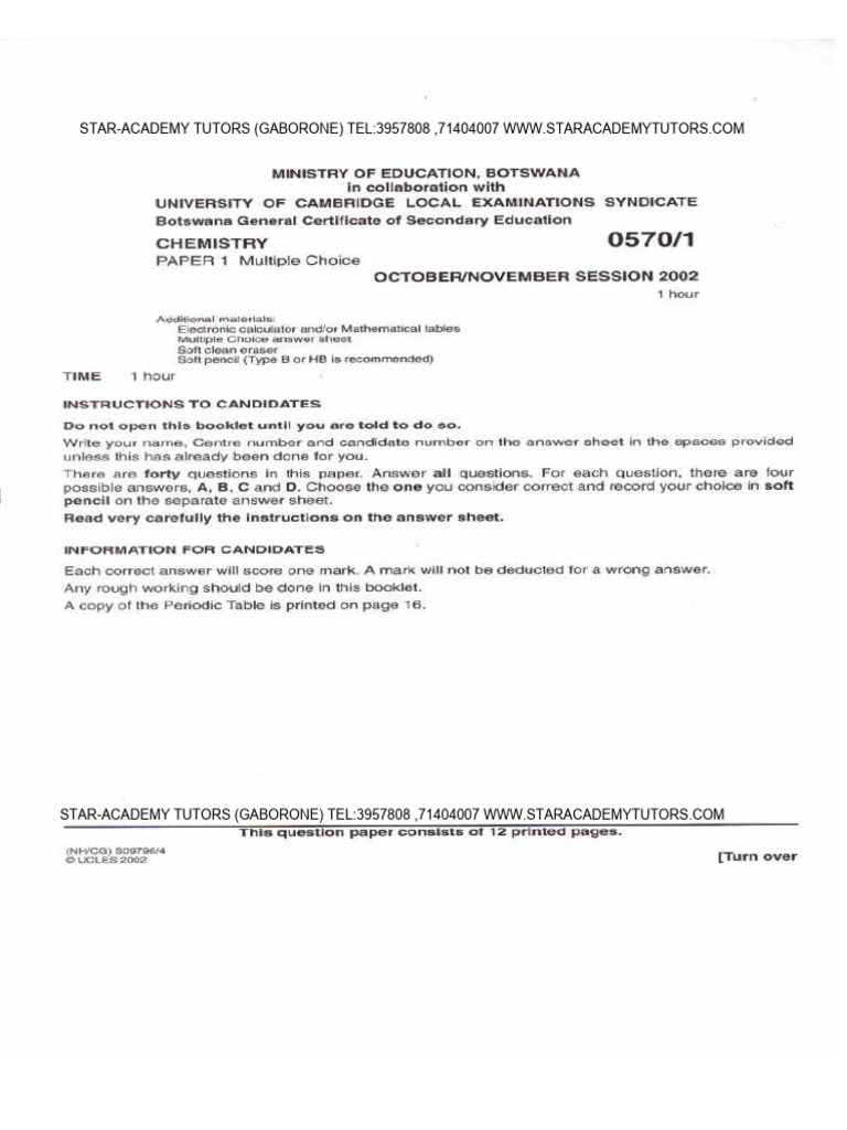 Chemistry Multiple Choice Paper 1 2002 (BGCSE) | PDF
