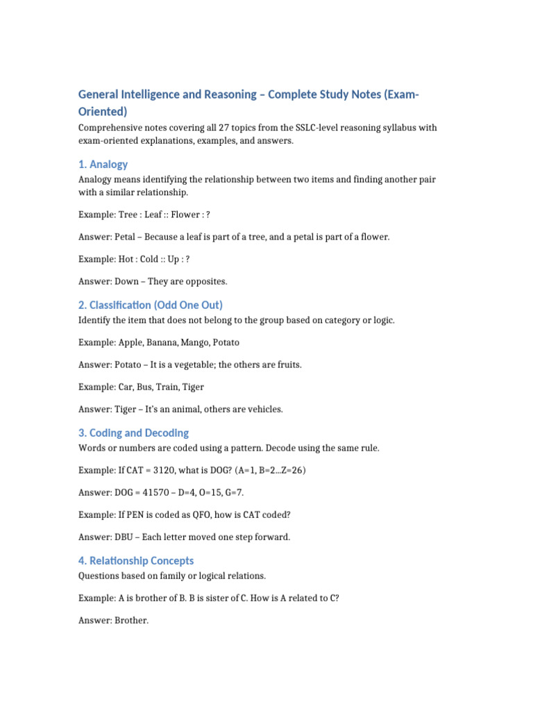 General Intelligence and Reasoning Study Notes | PDF | Reason