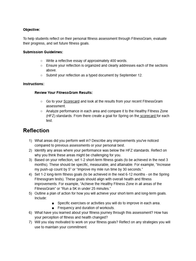 FitnessGram Reflection and Goal Setting | PDF | Physical Fitness | Goal