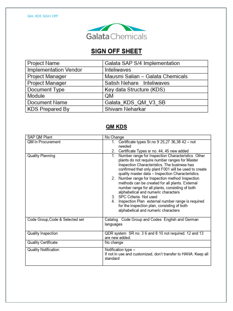 Galata SAP QM KDS Sign Off Document | PDF | Computing | Information ...