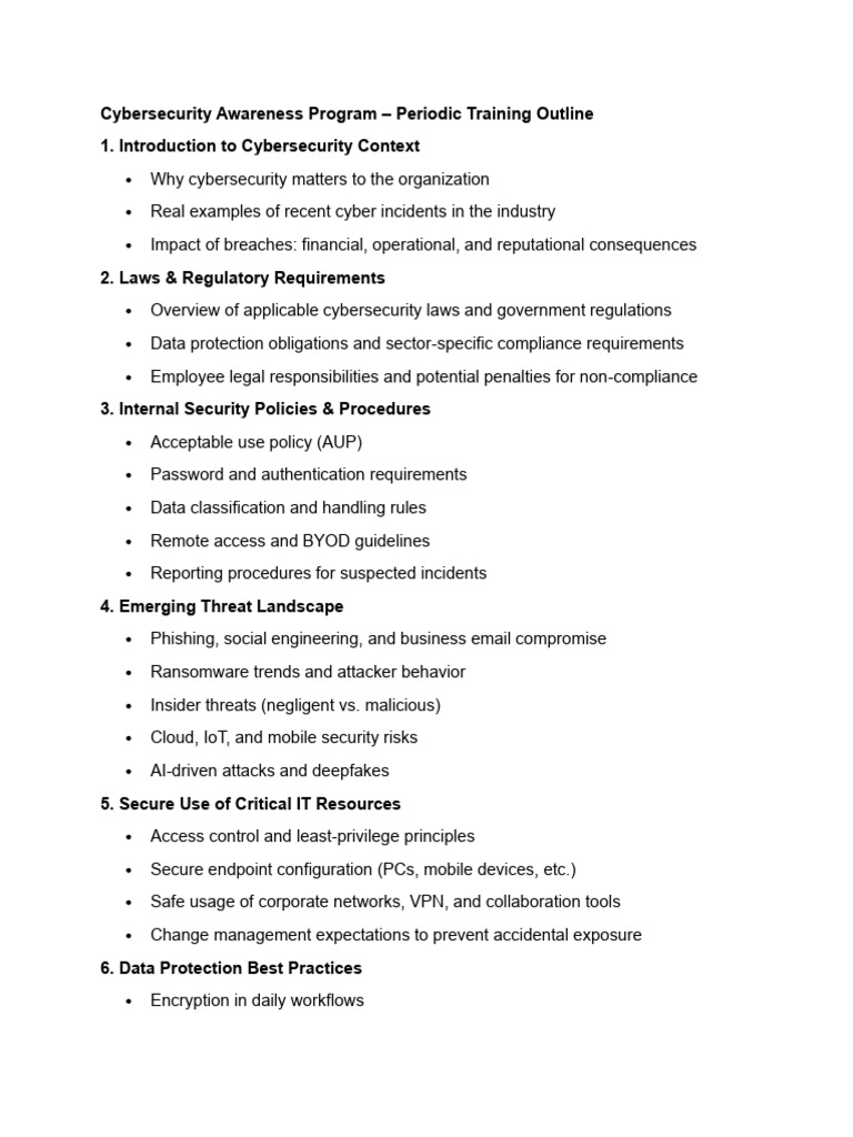 Cybersecurity Awareness Training Outline | PDF
