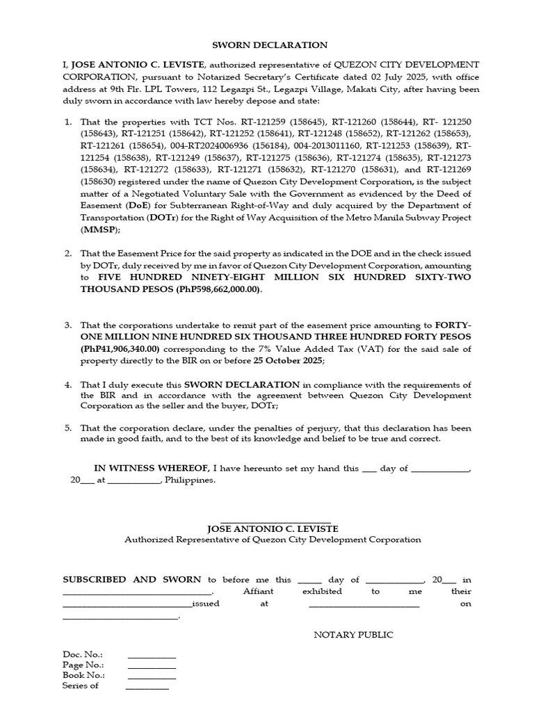 Sworn Declaration - QCDC.2 | PDF | Civil Law (Common Law) | Common Law