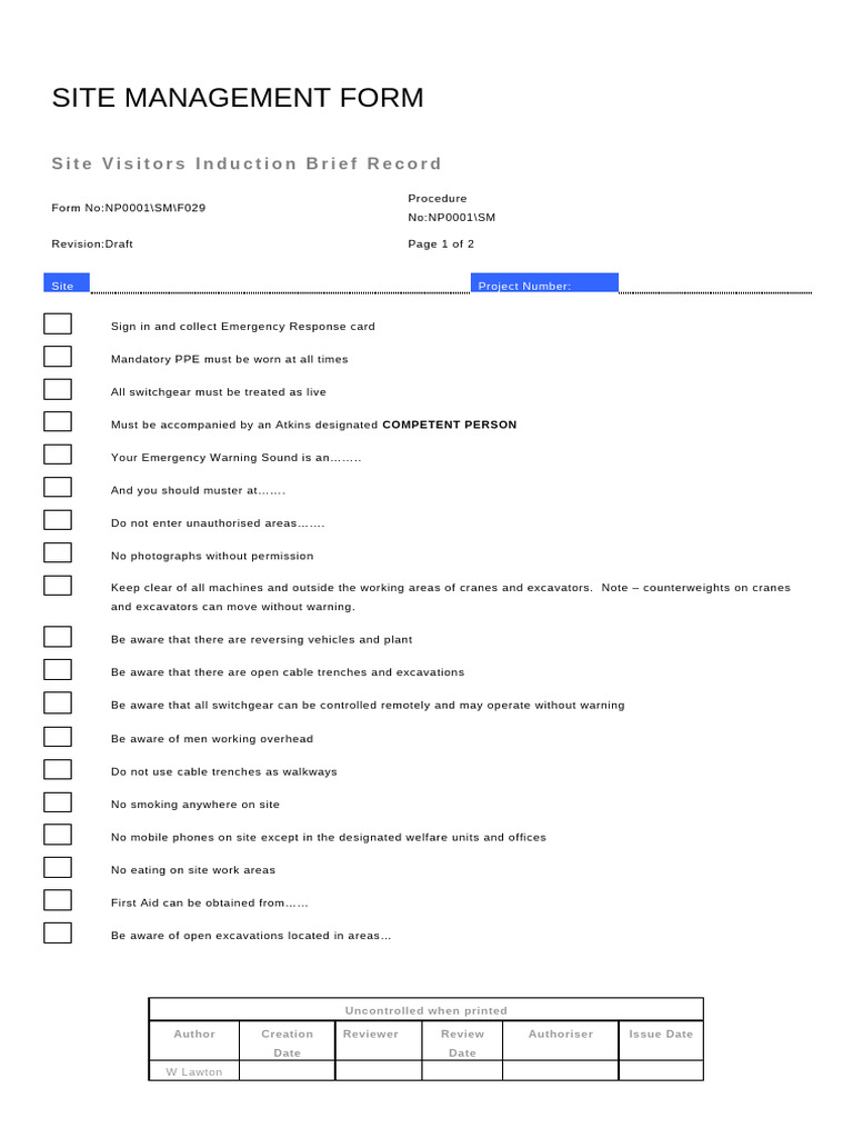 Site Visitor Induction Brief Record | PDF