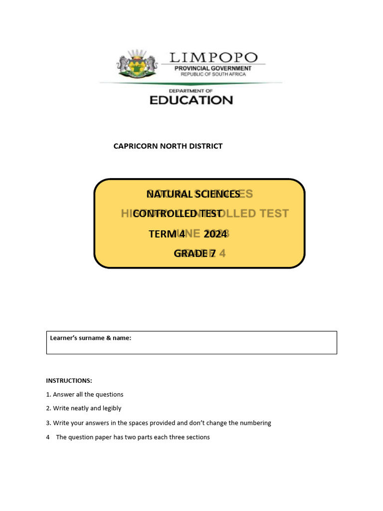 Grade 7 Natural Science Term 4 Test 2024 | PDF | Earth | Moon