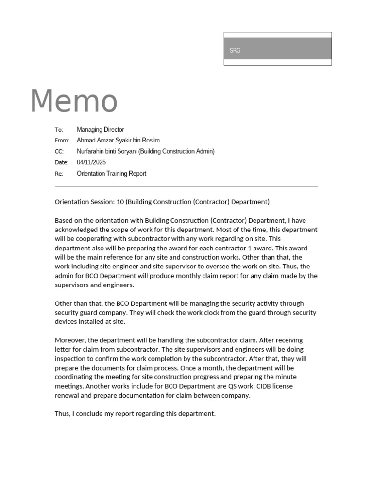 Building Construction Department Training Report | PDF