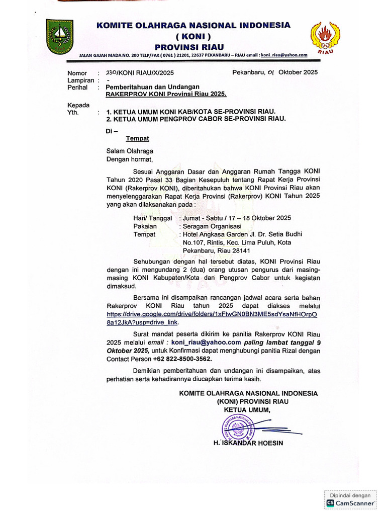 Pemberitahuan & Undangan Rakerprov KONI | PDF