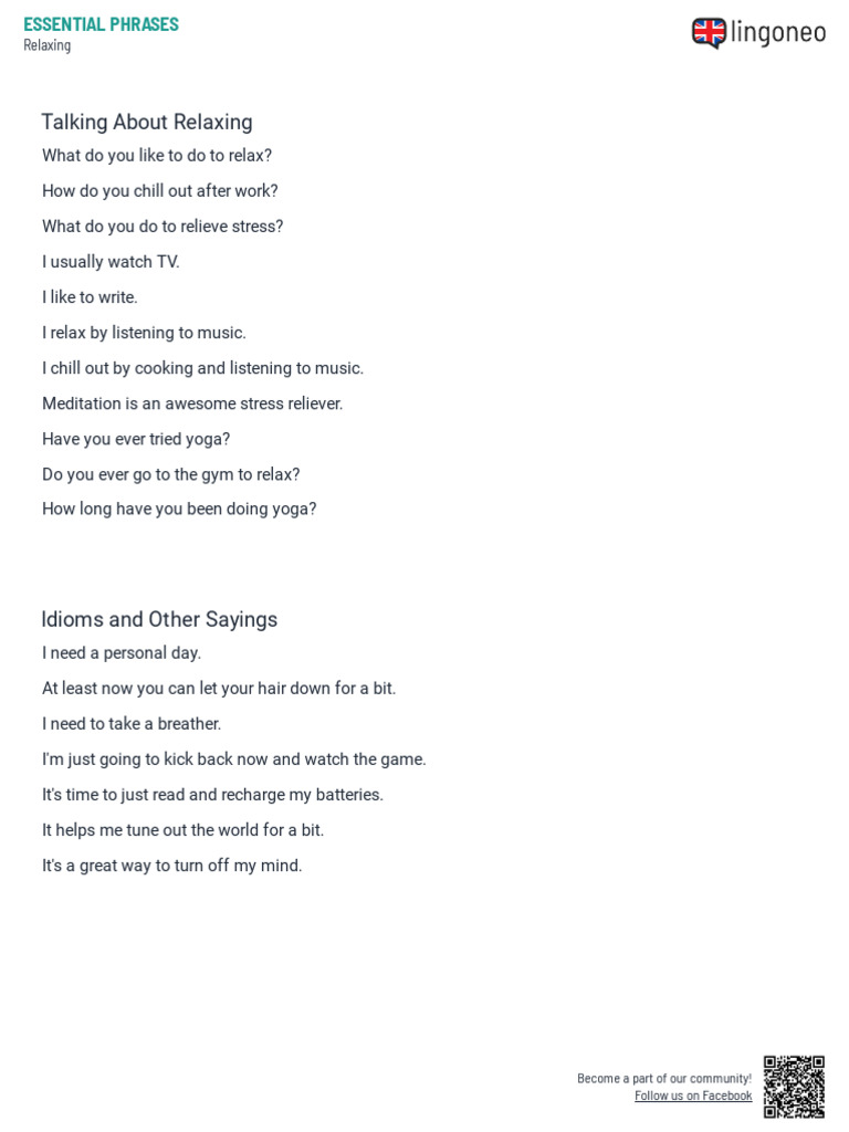 Relaxing - Phrases List ( Lingoneo.org ) | PDF