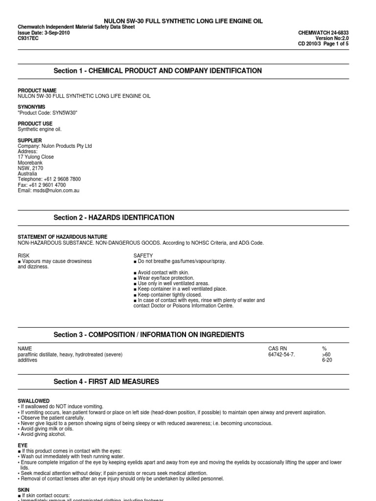 MSDSSyn5w30Full Synthetic 5W30 Long Life Engine Oil Combustion