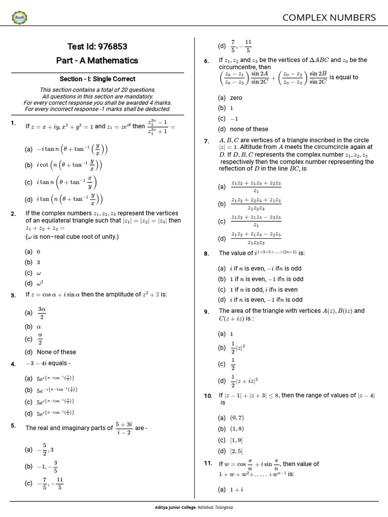 Mathematics Test on Complex Numbers | PDF | Elementary Mathematics ...