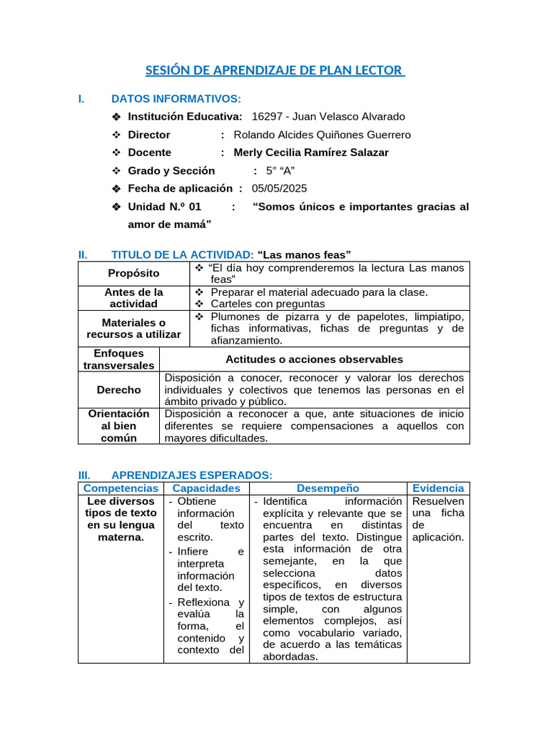 Sesión de Aprendizaje de Plan Lector 2025 | PDF | Aprendizaje | Cognición