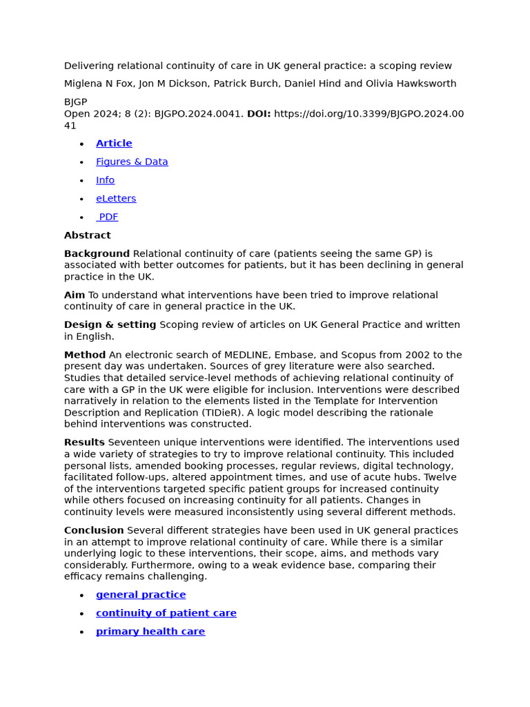 Improving Relational Care in UK GP Practices | PDF | Systematic Review ...