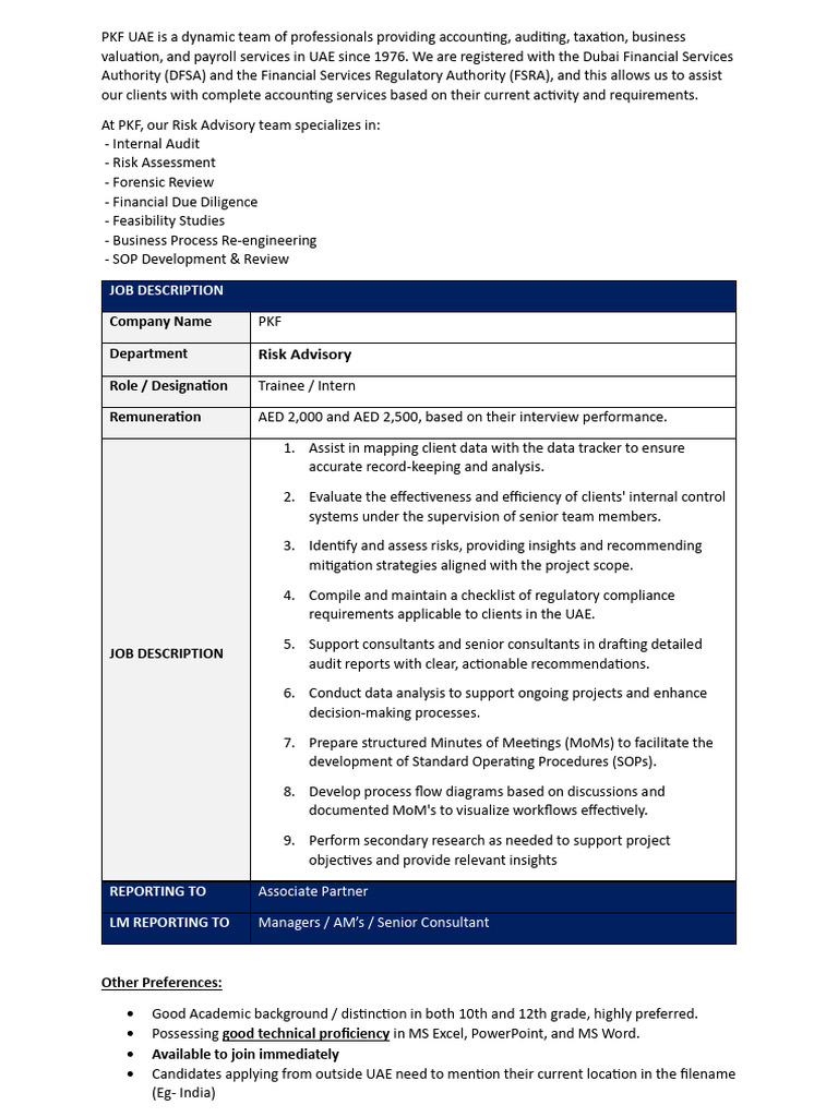 Trainee Intern Role in Risk Advisory UAE | PDF | Audit | Internal Control