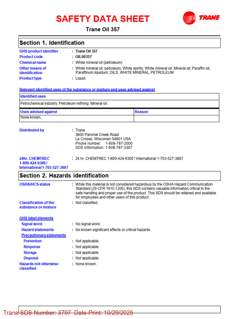 Trane Oil 357 Safety Data Sheet | PDF | Toxicity | Waste