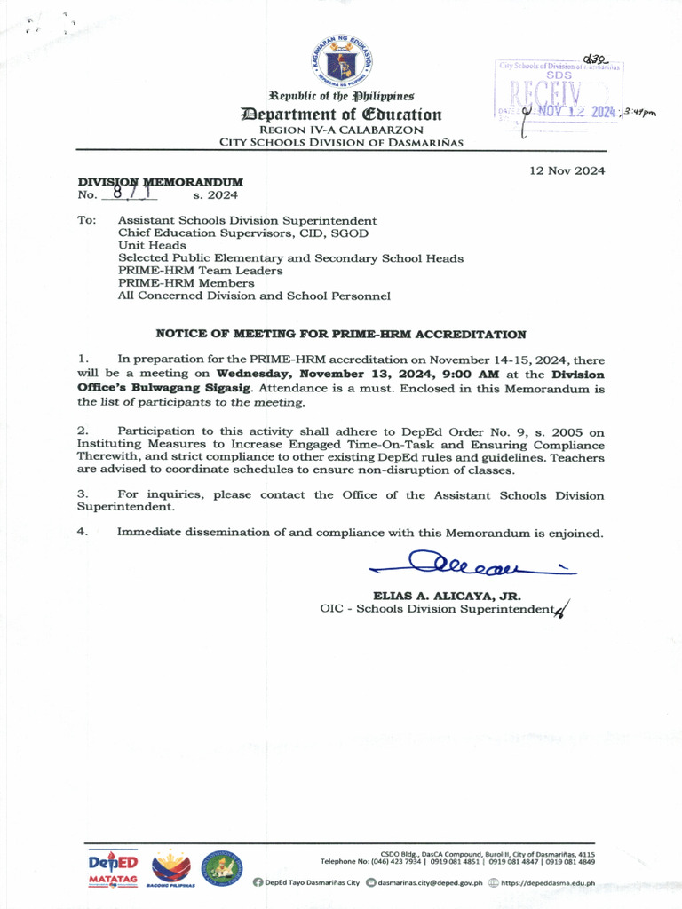 0130 Division Memorandum No. 871 S. 2024 | PDF