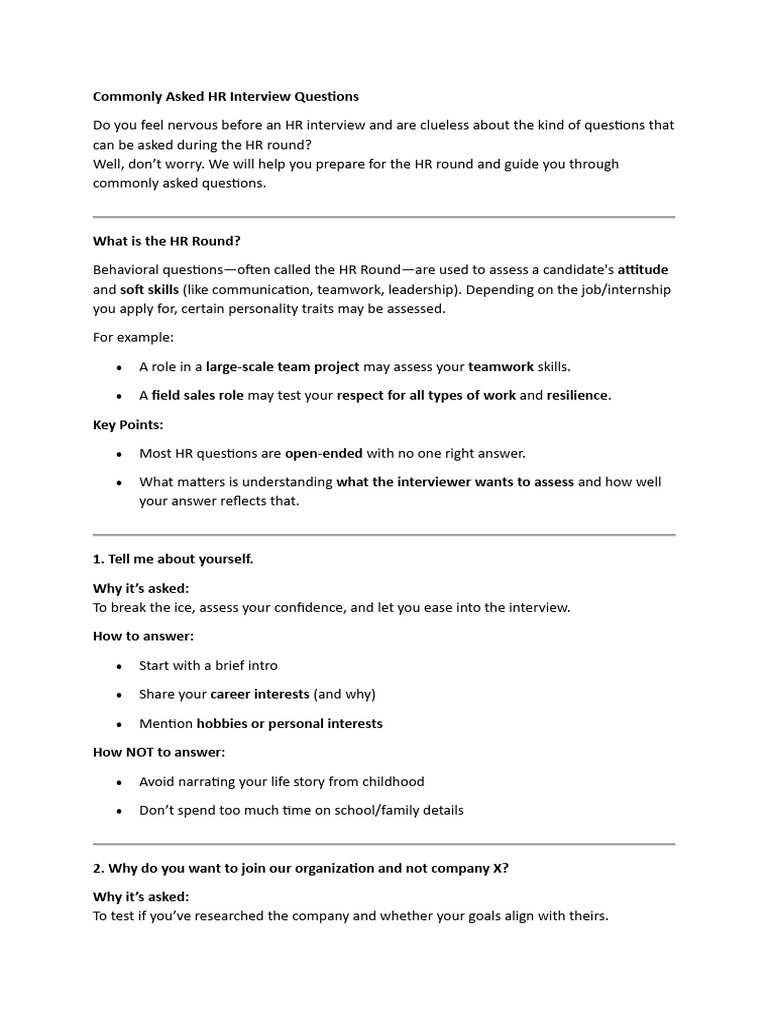 Essential HR Interview Questions Guide | PDF | Cognition ...