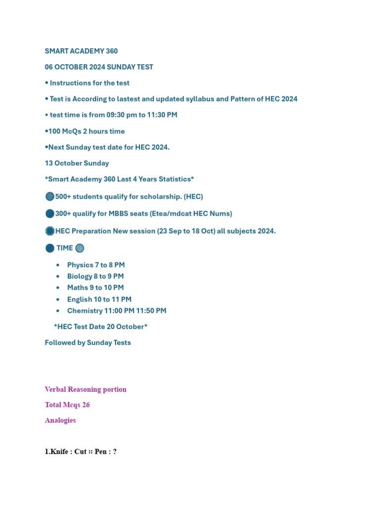 HEC 2024 Sunday Test Guide and Schedule | PDF | Thyroid | Pituitary Gland