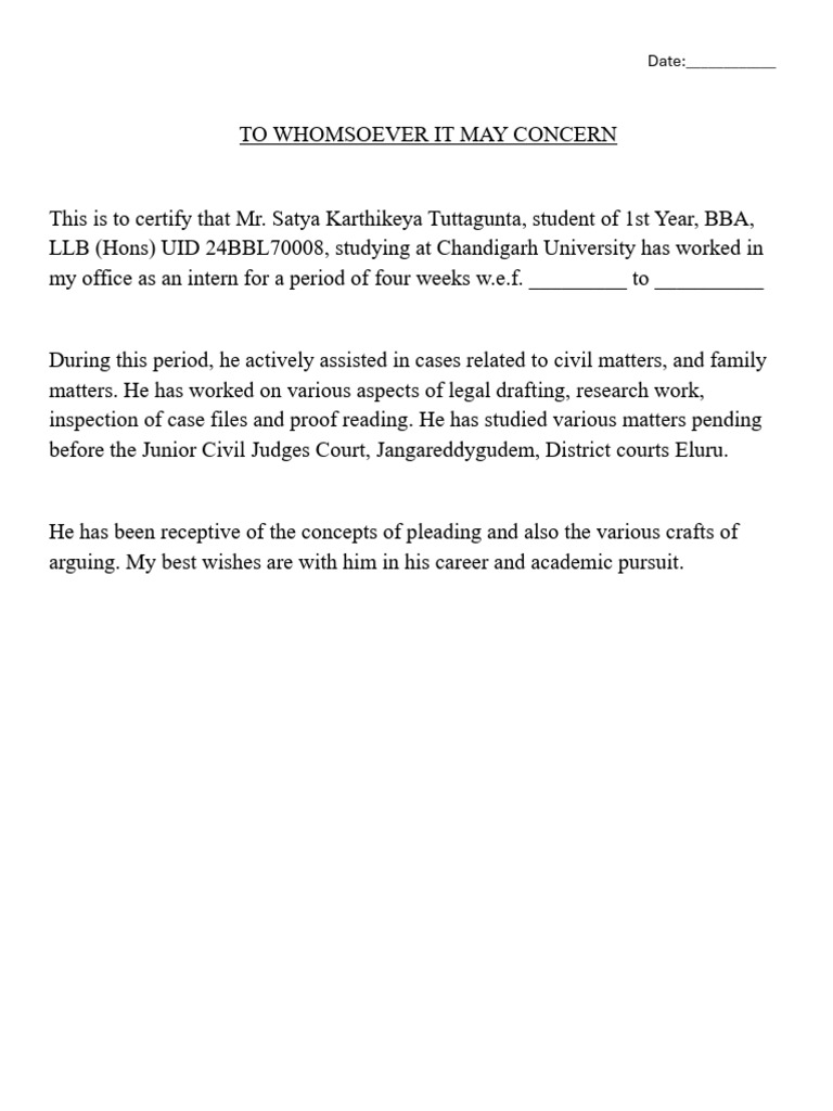 Internship Certificate for Law Student | PDF