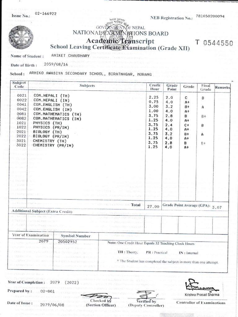 NEB Grade XII Provisional Certificate | PDF