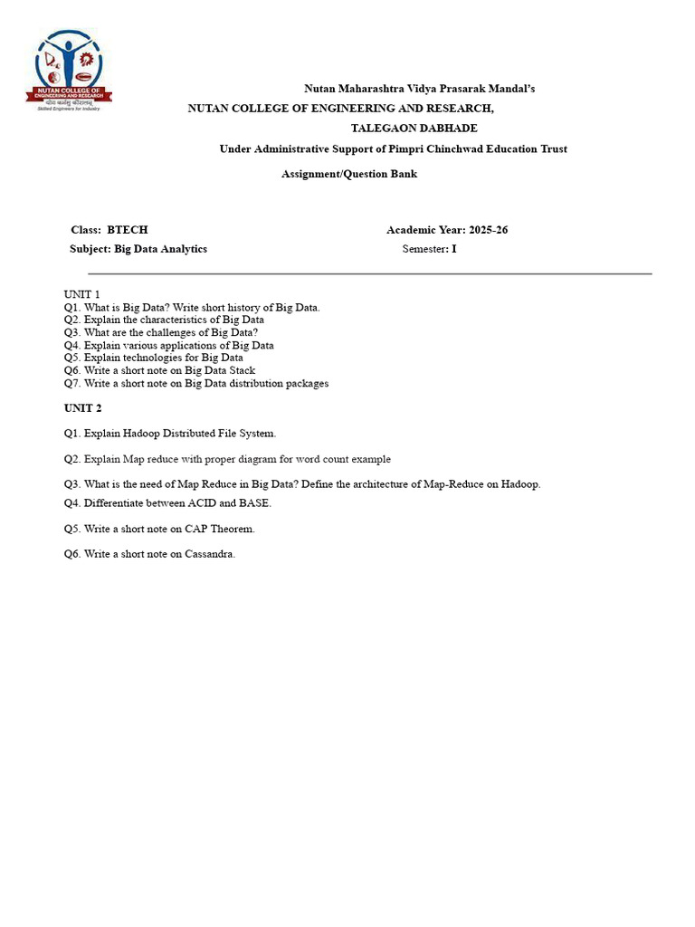 Big Data Analytics Assignment BTech 2025-26 | PDF