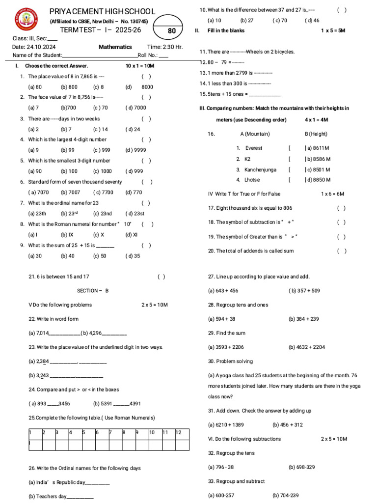 Class 3 Math Term Test 2025-26 | PDF | Chess | Chess Theory