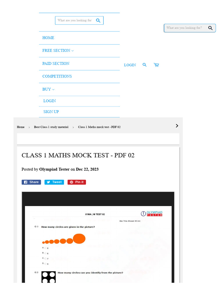 Class 1 Maths Mock Test PDF 02 | PDF