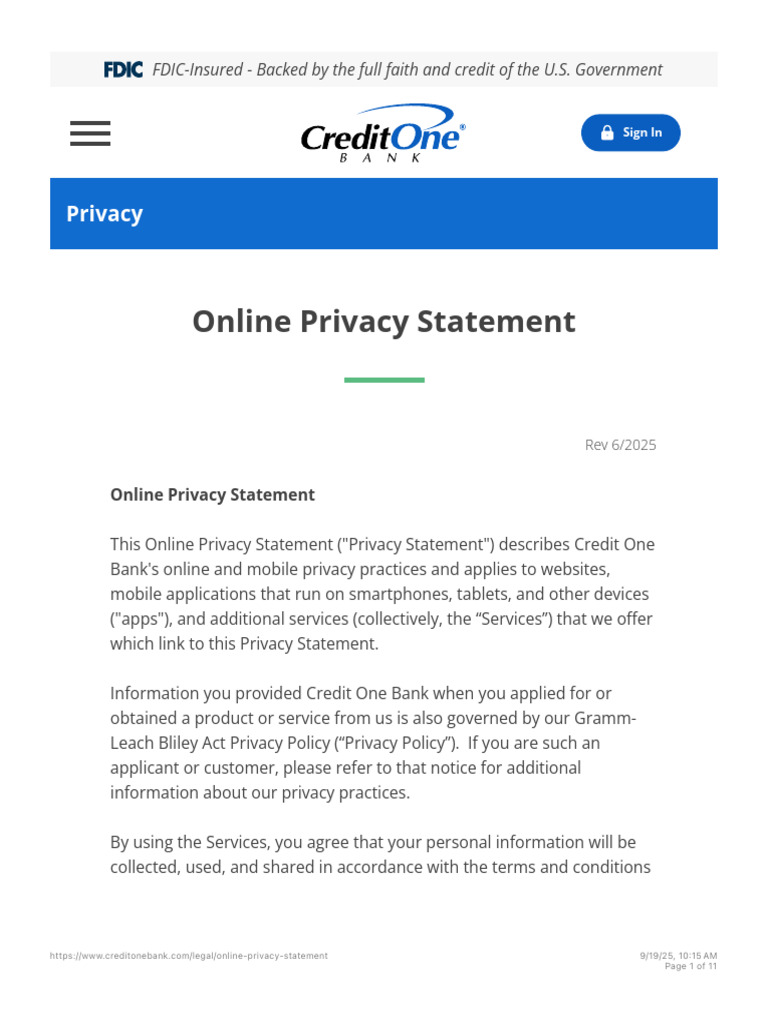 Credit One Bank Online Privacy Statement | PDF | Websites | World Wide Web