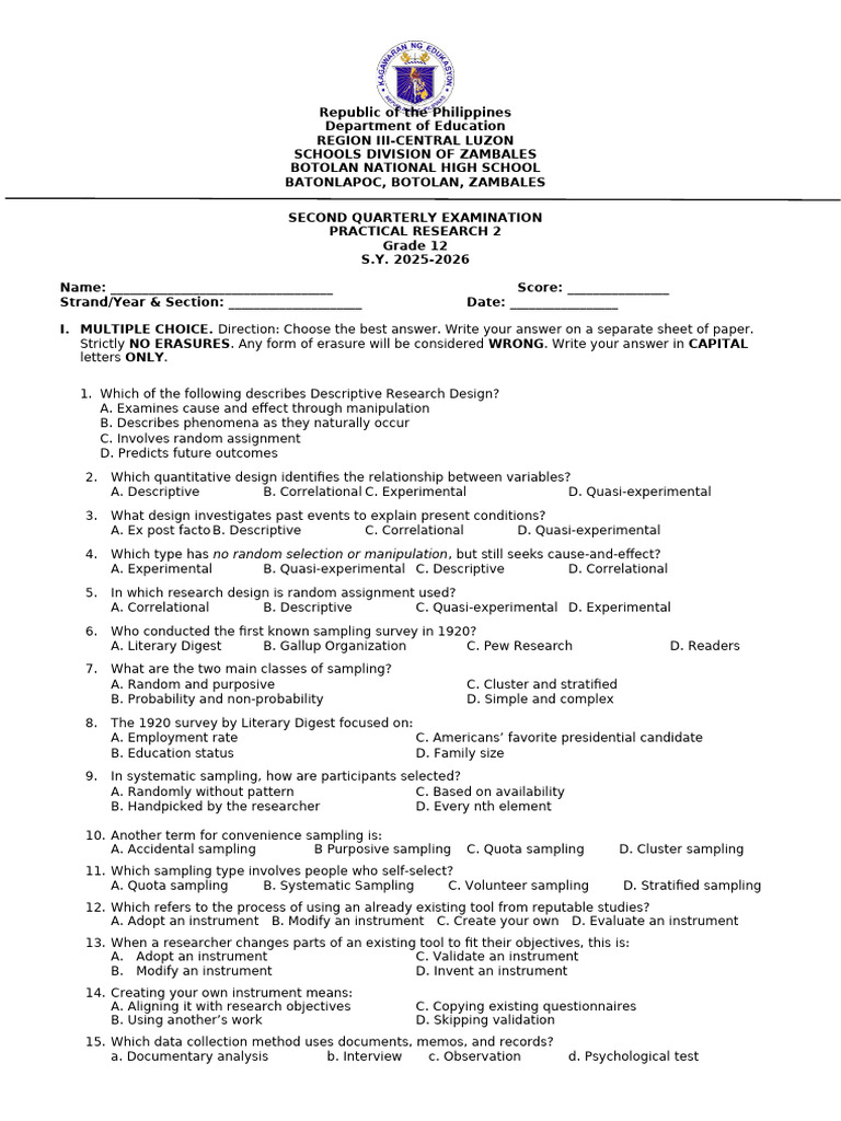 Grade 12 Practical Research Exam Guide | PDF | Sampling (Statistics ...