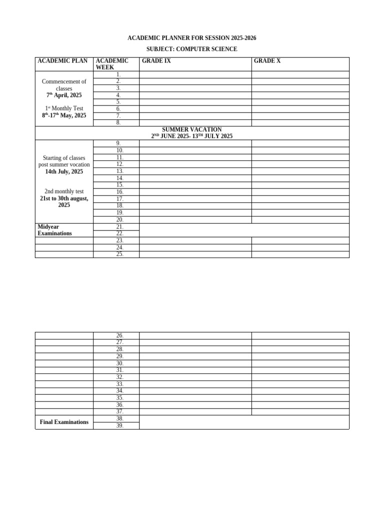 Computer Science Academic Planner 2025-2026 | PDF