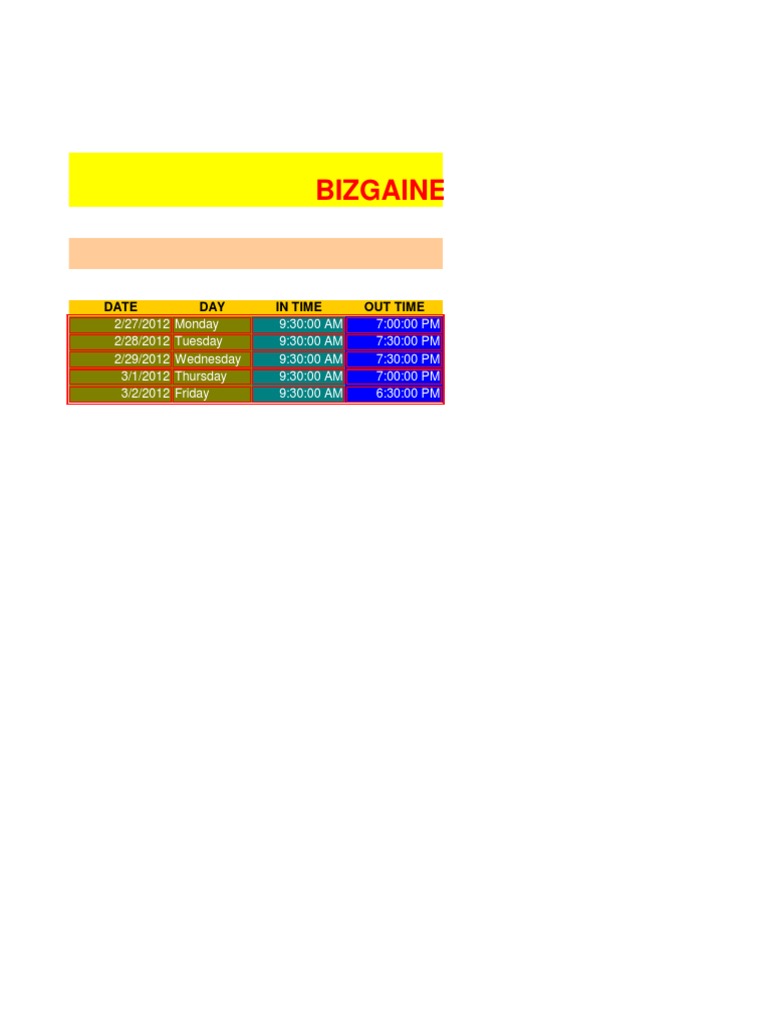 Bizgaine Technologies Time Sheet | PDF | Technology & Engineering