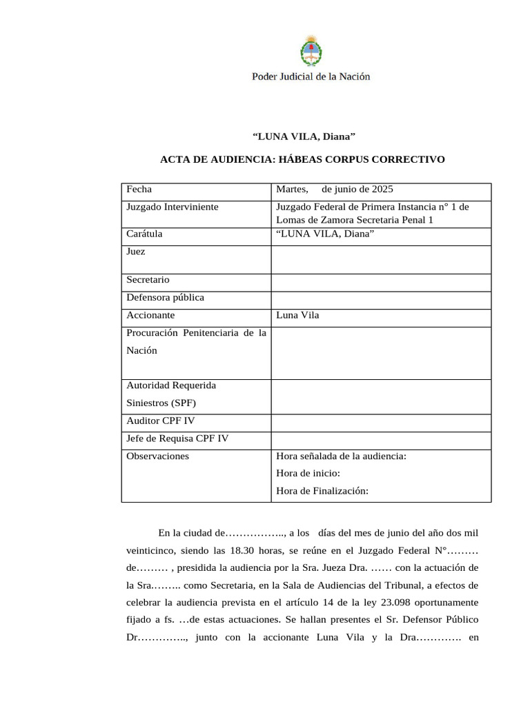 Acta de Audiencia HC Modelo | PDF | Justicia | Crimen y violencia