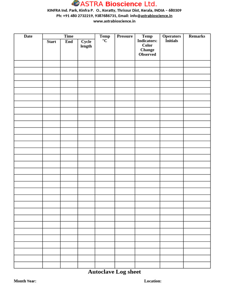 Autoclave Log Sheet Template | PDF