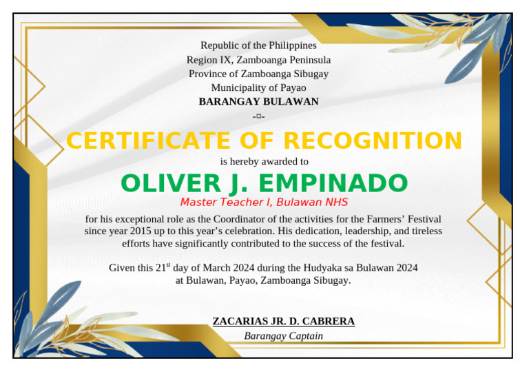 Certificate of Recognition for Festival Coordinator | PDF