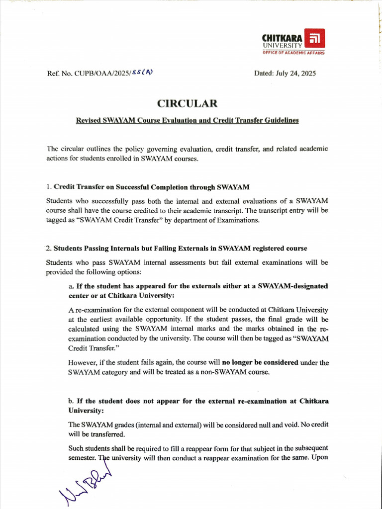 SWAYAM Course Evaluation & Credit Transfer Guidelines | PDF