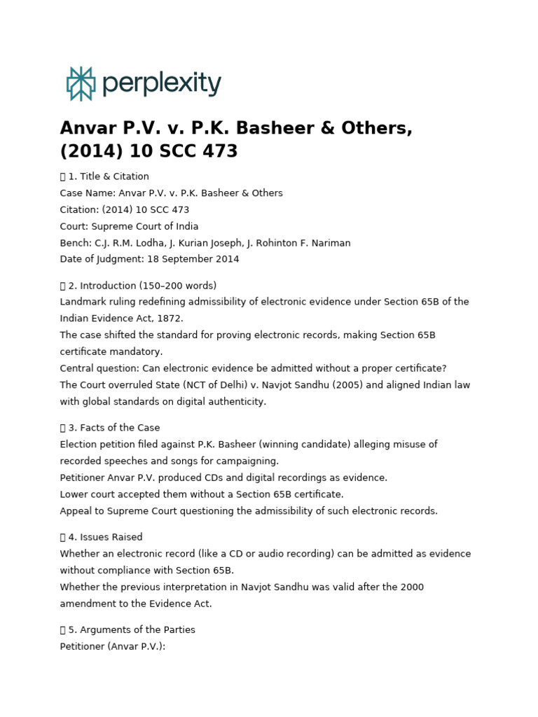 Anvar P.V. v. P.K. Basheer: 2014 SC Ruling on Electronic Evidence | PDF ...
