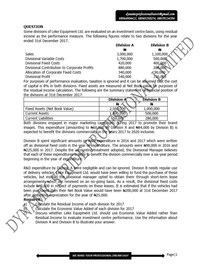Residual Income and EVA Analysis for Divisions | PDF | Book Value | Expense