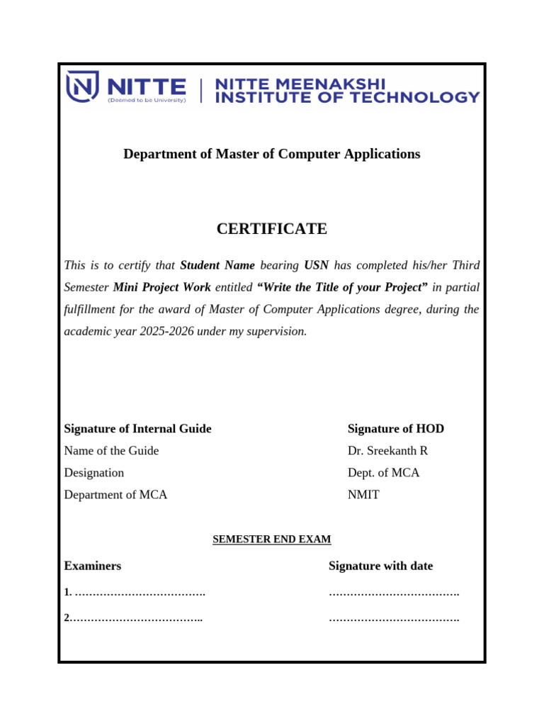 MCA Third Semester Project Certificate | PDF