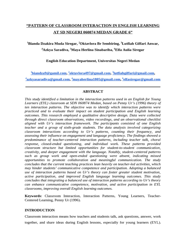 Classroom Interaction Patterns in EYL | PDF | Teachers | Learning