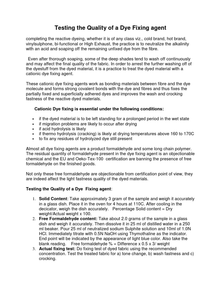 Dye Fixing Agent Quality Testing | PDF | Dye | Hydrolysis