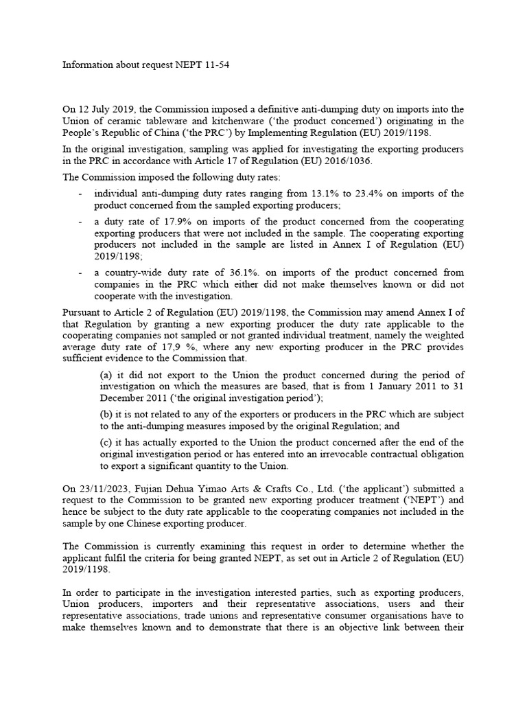 NEPT Request for Chinese Tableware Imports | PDF | Dumping (Pricing ...
